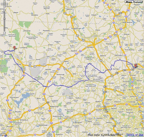 The map showing the details of my bike trip from Fitchburg to Wakefield