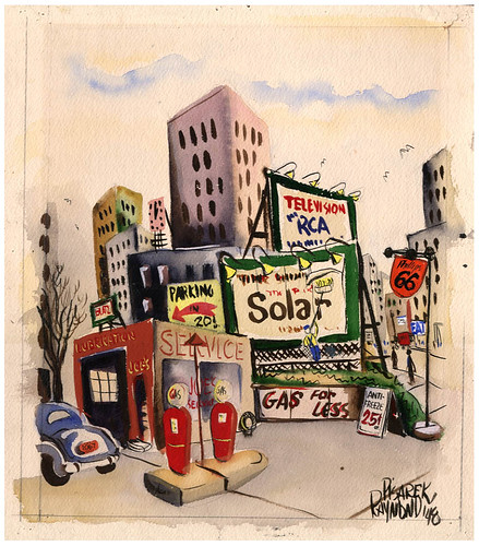 Bud Pisarek painting of a gas station in 1948
