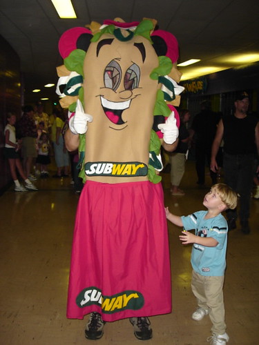 Kid hugging Subway Sandwich Man
